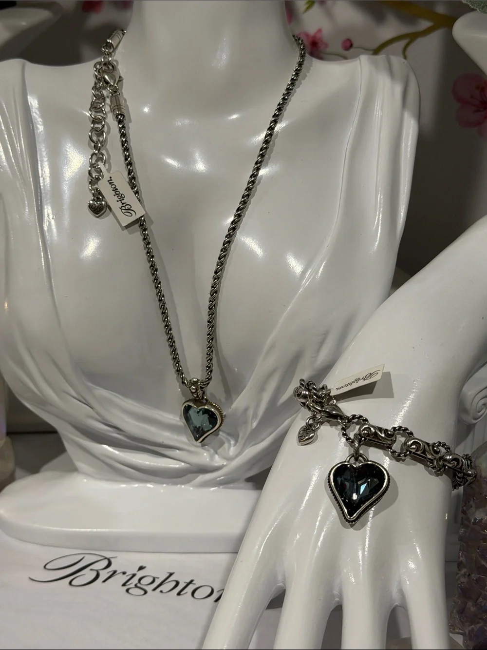 🆕💎RARE SET! BRIGHTON ‘BiBi Gem Heart’ VTG SLVR BLUE Swarovski Crystal Set!